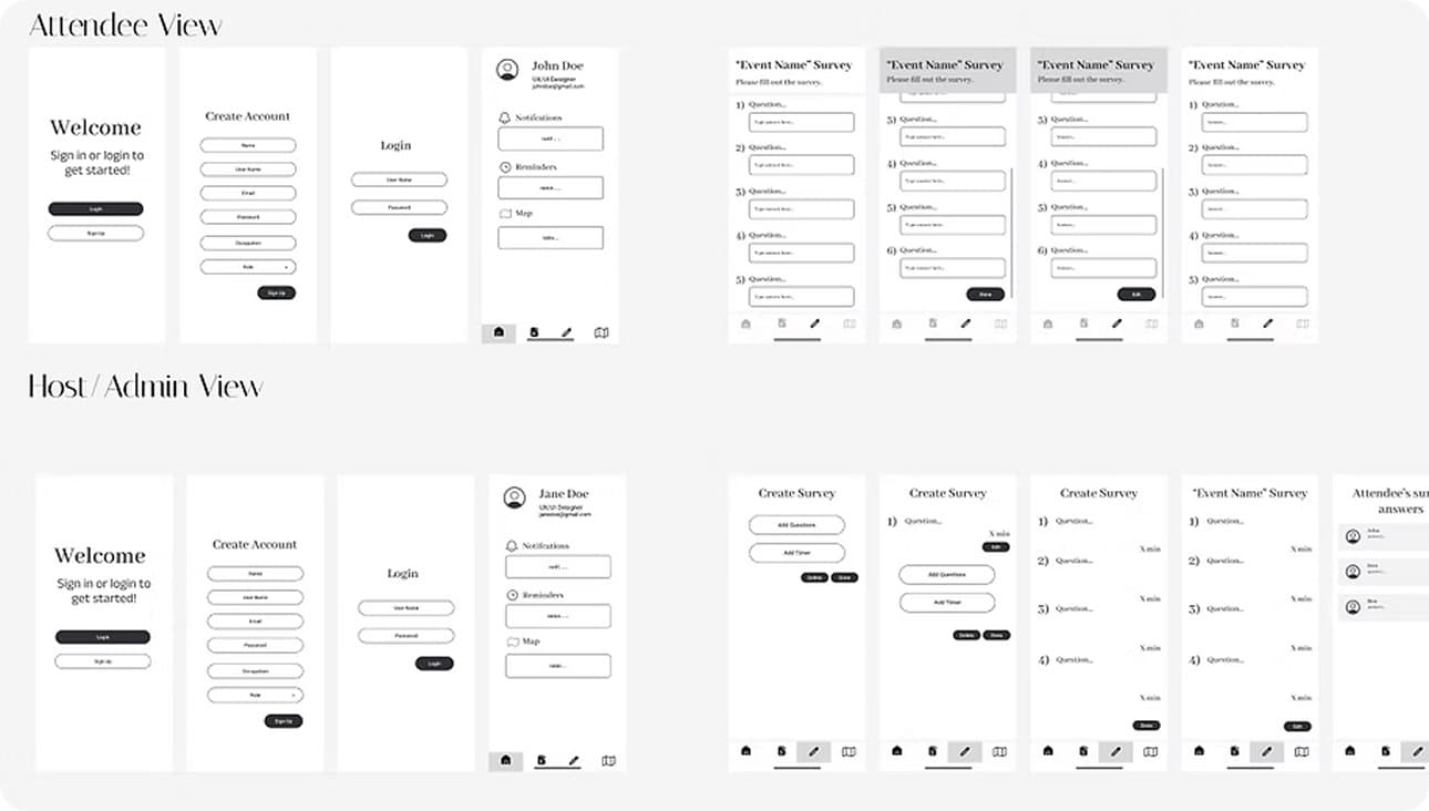 Attendee View and Host/Admin View wireframes